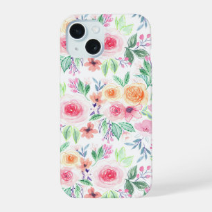 Coque iPhone 15 Fleurs et feuilles à l'aquarelle