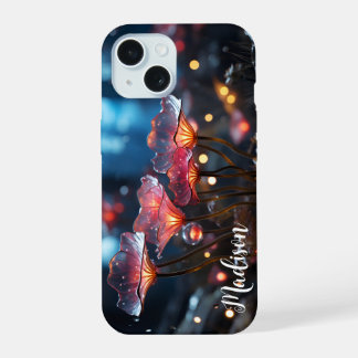 Coque iPhone 15 Fleurs Fluorescentes Orange Translucides -