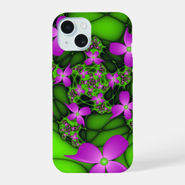 Coque iPhone 15 Fleurs fractales Abstraites de néon rose vert (Verso)