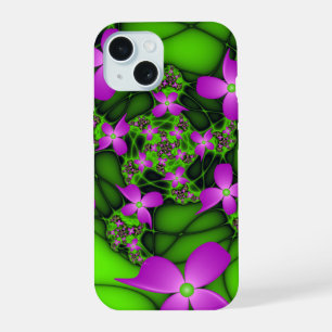 Coque iPhone 15 Fleurs fractales abstraites modernes rose vert néo