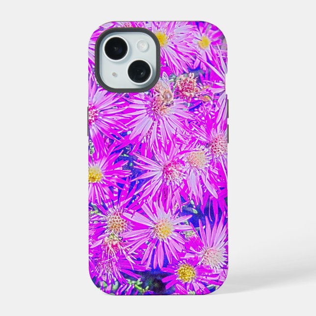 Coque iPhone 15 Fleurs Fuchsia Sur Fond Bleu (Verso)