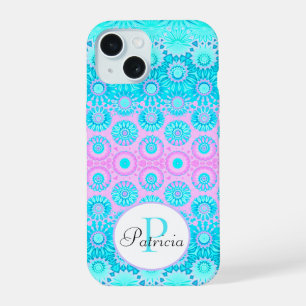 Coque iPhone 15 Fleurs géométriques rose et bleu Monogramme person