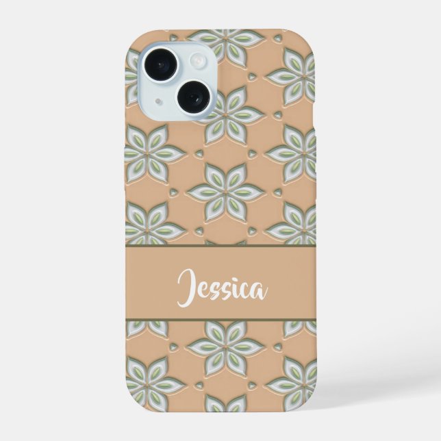 Coque iPhone 15 Fleurs gravées blanches sur fond beige (Verso)