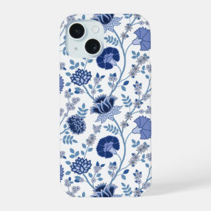 Coque iPhone 15 Fleurs jacobéennes grand motif bleu sur blanc