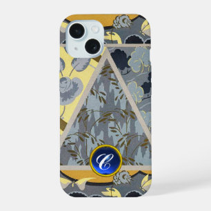 COQUE iPhone 15 FLEURS JAUNE BLEU GRIS, PAPILLONS FLEURIS BOLDS