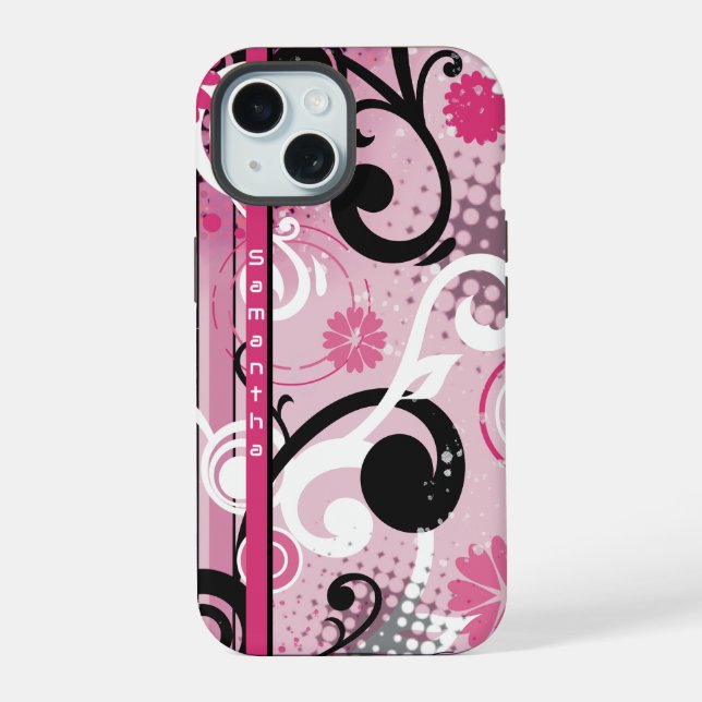 Coque iPhone 15 Fleurs Metro Frutiger Rose (Verso)