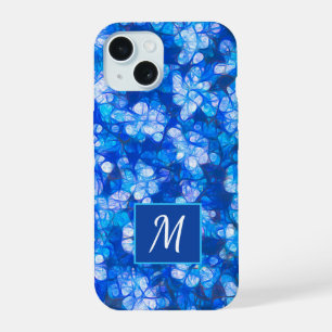 Coque iPhone 15 Fleurs Modernes Florales Blanches Bleues Monogramm