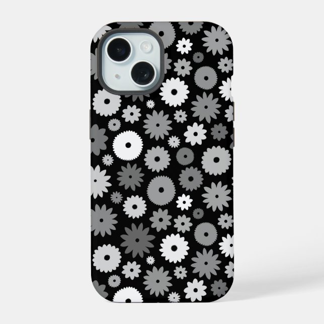 Coque iPhone 15 Fleurs monochromes à motif répétitif (Verso)