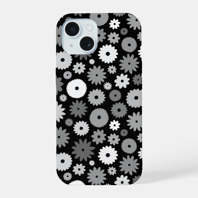 Coque iPhone 15 Fleurs monochromes à motif répétitif (Verso)