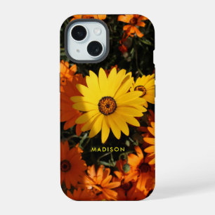 Coque iPhone 15 Fleurs orange jaune magnifiques nom personnalisé