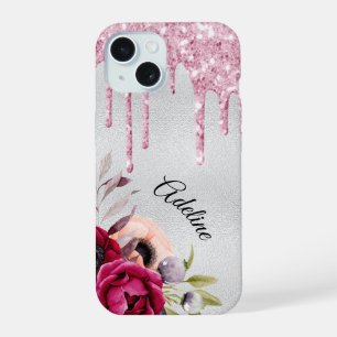 Coque iPhone 15 fleurs pailletées rose argent nom
