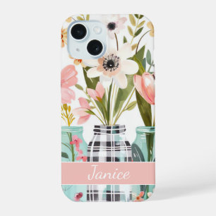 Coque iPhone 15 Fleurs printanières dans Mason Jar Design avec nom