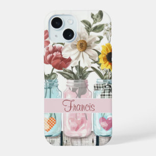 Coque iPhone 15 Fleurs printanières dans Mason Jar Design avec nom