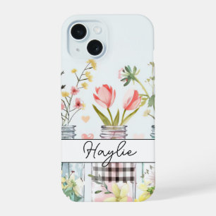 Coque iPhone 15 Fleurs printanières dans Mason Jar Design avec nom