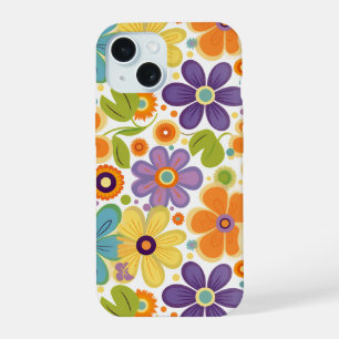 Coque iPhone 15 Fleurs Rétro Orange Lilas et Vert