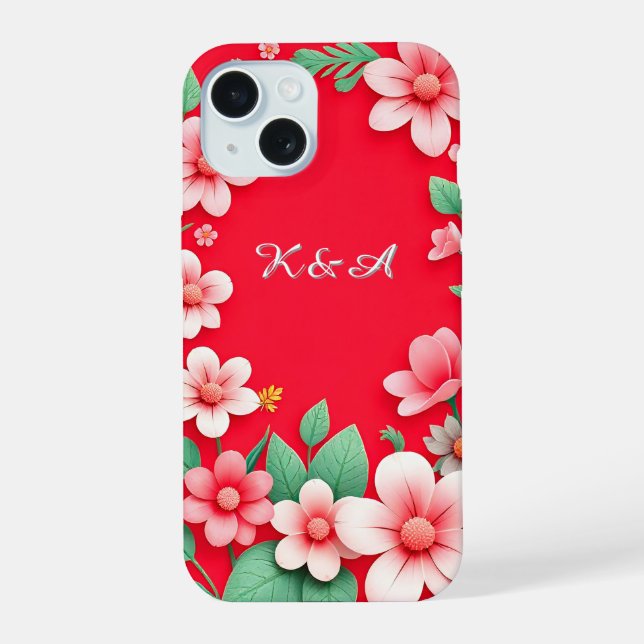 Coque iPhone 15 Fleurs roses décoratives et feuilles vertes (Verso)