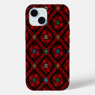 Coque iPhone 15 Fleurs rouges Palestine Broderie tatreez Motif