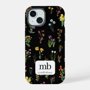 Coque iPhone 15 Fleurs sauvages Aquarelle Noir Botanique Floral
