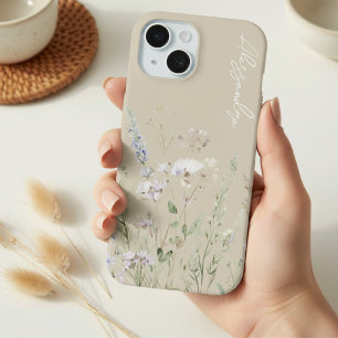Coque iPhone 15 Fleurs sauvages aquarelles beige boho