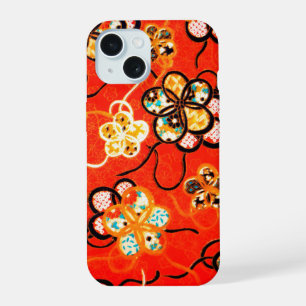 COQUE iPhone 15 FLEURS STYLISÉES, RUBANS NOIRS BLANCS ROUGE ÉCLAIR