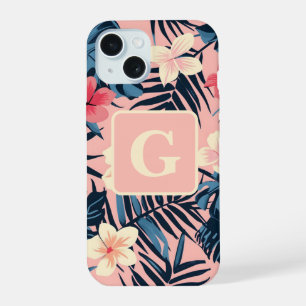 Coque iPhone 15 Fleurs tropicales rose personnalisées Monogramme
