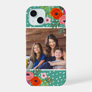 Coque iPhone 15 Fleurs vives et points Photo personnalisée