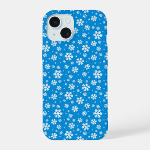 Coque iPhone 15 Flocons blancs sur motif d'hiver bleu moyen