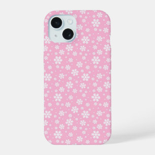 Coque iPhone 15 Flocons blancs sur motif d'hiver rose clair