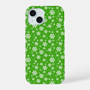 Coque iPhone 15 Flocons blancs sur motif vert d'hiver