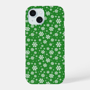 Coque iPhone 15 Flocons blancs sur motif vert d'hiver