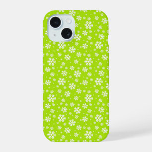 Coque iPhone 15 Flocons blancs sur motif vert d'hiver