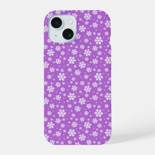 Coque iPhone 15 Flocons blancs sur motif violet d'hiver