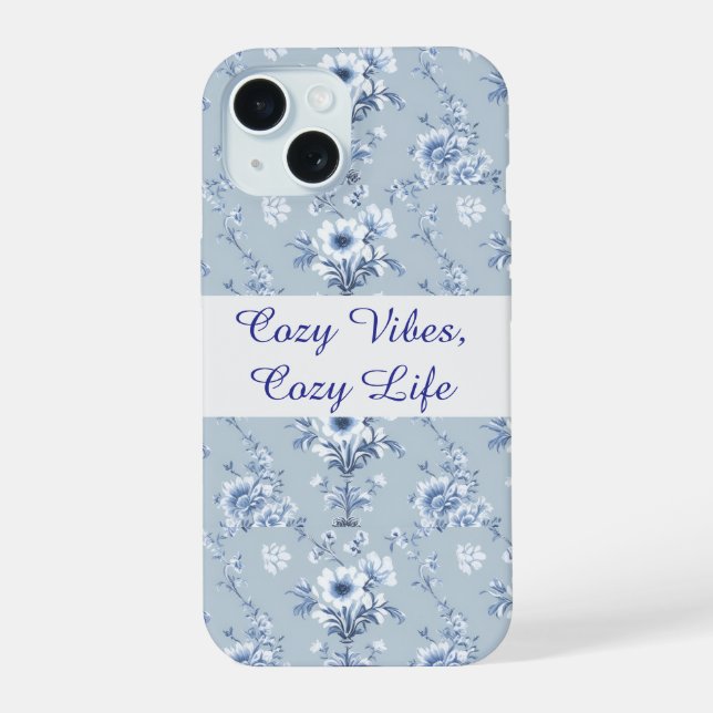 Coque iPhone 15 Floral Chinoiserie Bleu Toile avec texte personnal (Verso)