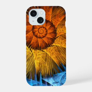 Coque iPhone 15 Floral Orange Bleu Jaune Art Abstrait