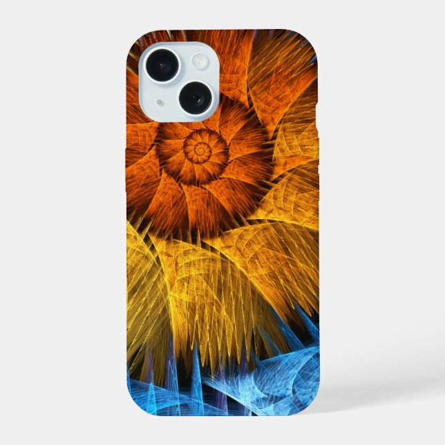 Coque iPhone 15 Floral Orange Bleu Jaune Art Abstrait (Verso)