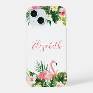 Coque iPhone 15 Floral Tropical Personnalisé Flamant Rose