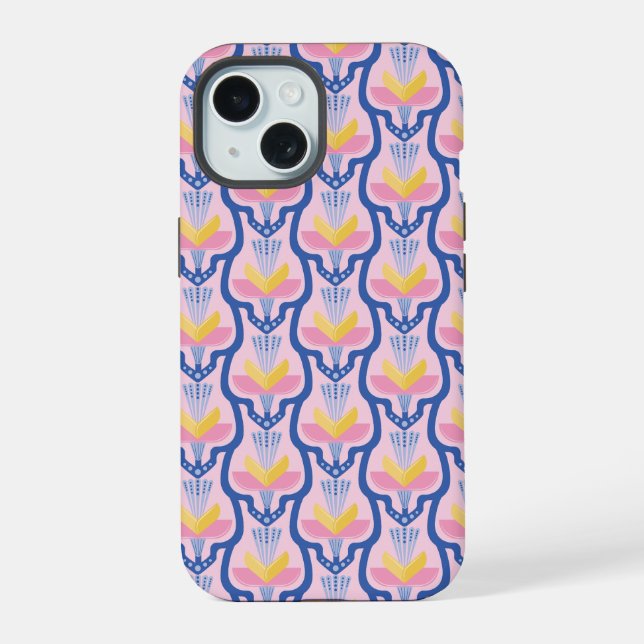 Coque iPhone 15 Flore géométrique rose et bleu (Verso)