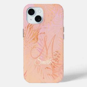 Coque iPhone 15 Floue de pêche Minimaliste Moderne Feuilles Tropic