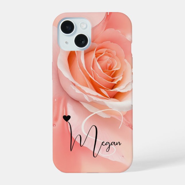 Coque iPhone 15 Floue de pêche Rose Fond Monogramme Nom Cœur (Verso)