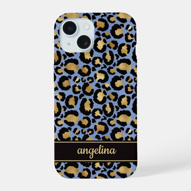 Coque iPhone 15 Foil Doré Sur Monogramme Imprimé Léopard Bleu (Verso)