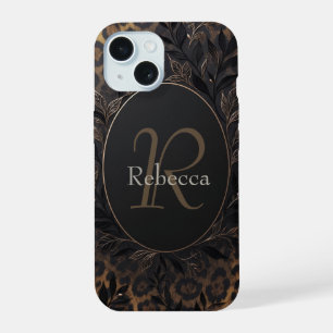 Coque iPhone 15 Fond de luxe avec impression léopard et nom