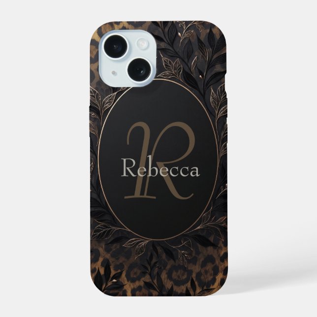 Coque iPhone 15 Fond de luxe avec impression léopard et nom (Verso)