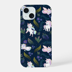 Coque iPhone 15 Forêt de nuit licorne magique motif sans couture
