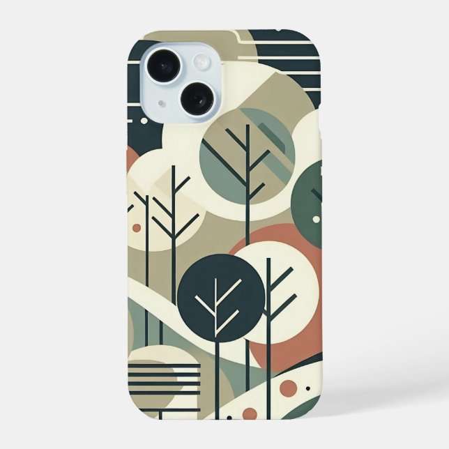 Coque iPhone 15 Forêt Géométrique Moderne Art du Milieu du Siècle (Verso)