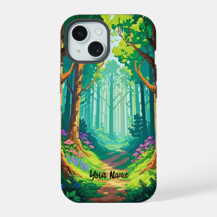 Coque iPhone 15 Forêt magique Pixel Art Nom personnalisé