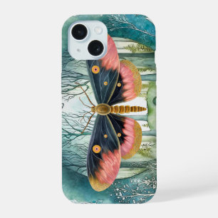 Coque iPhone 15 Forêt nocturne aux papillons roses