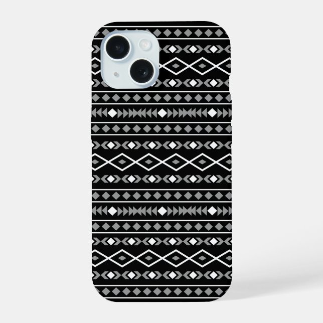 Coque iPhone 15 Formes aztèques Motif blanc gris noir (Verso)