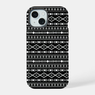Coque iPhone 15 Formes aztèques Motif blanc gris noir