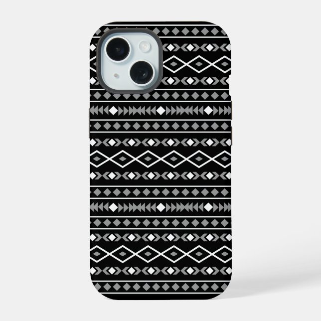 Coque iPhone 15 Formes aztèques Motif blanc gris noir (Verso)