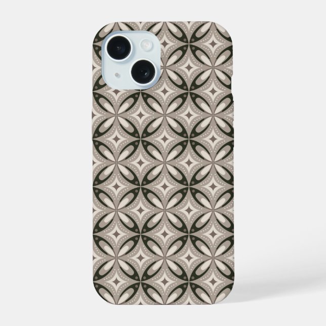 Coque iPhone 15 Formes circulaires rétro beige et marron (Verso)